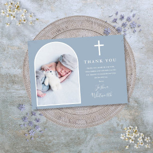 Carte De Remerciements Photo d'arche élégante Baptême Bleu Poussiéreux