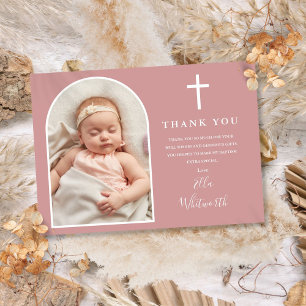Carte De Remerciements Photo d'arche élégante Baptême Rose Poussiéreuse