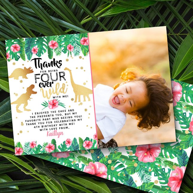 Carte De Remerciements Photo de 4e anniversaire Four Ever Wild Girls Dino (Créateur téléchargé)