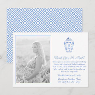 Carte De Remerciements Photo de Baby Shower avec Monogramme Bleu et Blanc