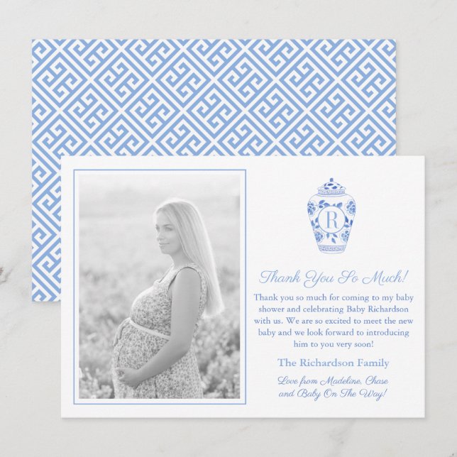 Carte De Remerciements Photo de Baby Shower Bleu et Blanc Monogramme (Devant / Derrière)