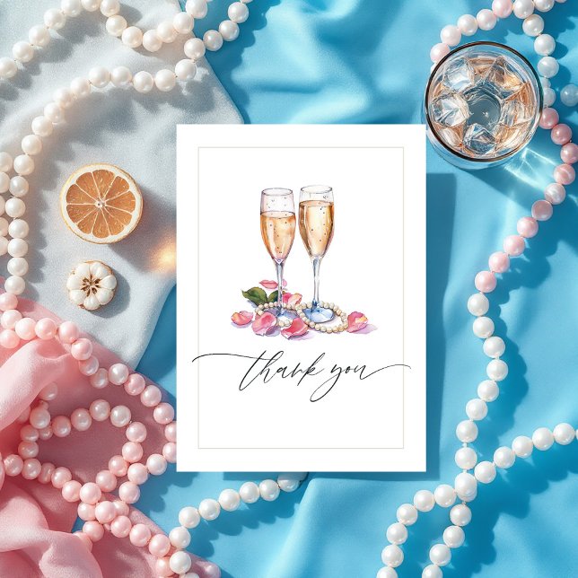 Carte De Remerciements Photo de Baby Shower de mariage Perles, Pétales et (Pearls and Prosecco Bridal Shower Photo Thank You Card)