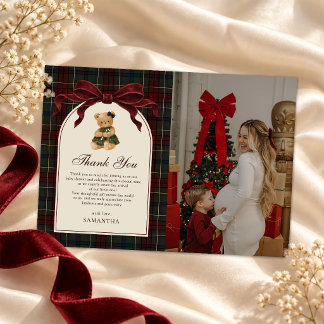 Carte De Remerciements Photo de Baby Shower de Noël Ourson à Ruban Vintag