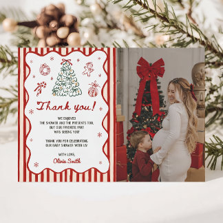 Carte De Remerciements Photo de Baby Shower de Noël Red Stripe