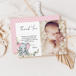 Carte De Remerciements Photo de Baby Shower Fille Éléphant