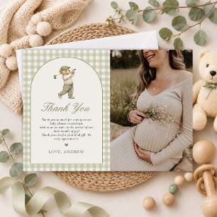 Carte De Remerciements Photo de Baby Shower Garçon Golf Gingham Vert