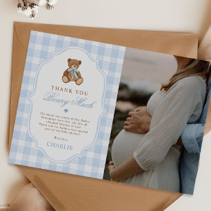 Carte De Remerciements Photo de Baby Shower ours en peluche élégant à car