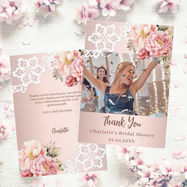 Carte De Remerciements Photo de Baby Shower rose gold et dentelle rose (Créateur téléchargé)