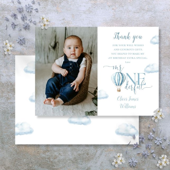 Carte De Remerciements Photo de ballon en montgolfière bleue pour un 1er  (Blue Air Balloon Photo 1st Birthday Party Thank You Card)