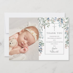 Carte De Remerciements Photo de baptême avec feuillage floral
