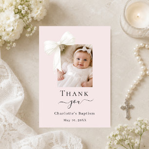 Carte De Remerciements Photo de baptême avec noeud rose poudré pour fille