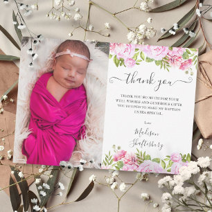 Carte De Remerciements Photo de baptême avec rose rose florale