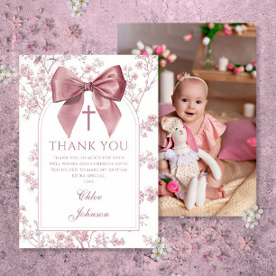 Carte De Remerciements Photo de baptême de fille avec un nœud rose floral