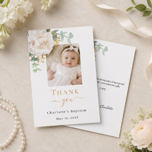 Carte De Remerciements Photo de baptême fille fleurs blanches
