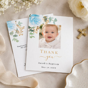 Carte De Remerciements Photo de baptême garçon floral bleu