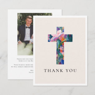 Carte De Remerciements Photo de baptême moderne avec croix florale rose p
