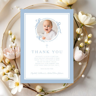 Carte De Remerciements Photo de baptême religieux bébé bleu élégant