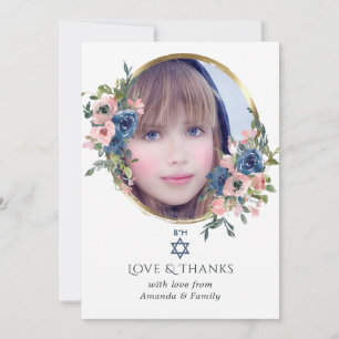 Carte De Remerciements Photo de Bat Mitzvah floral aquarelle bleu marine