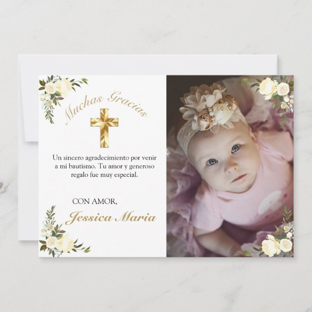 Carte De Remerciements Photo De Bautismo De Cruz De Oro Gracias Florales (Devant)