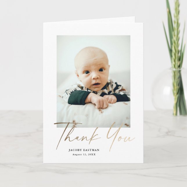 Carte De Remerciements Photo de bébé élégant avec écriture dorée (Devant)