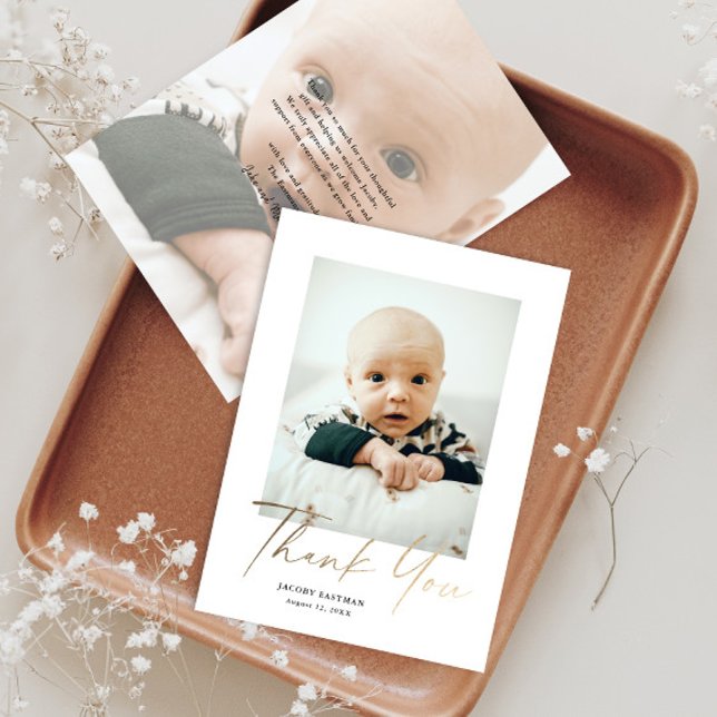 Carte De Remerciements Photo de bébé élégant avec écriture dorée (Créateur téléchargé)