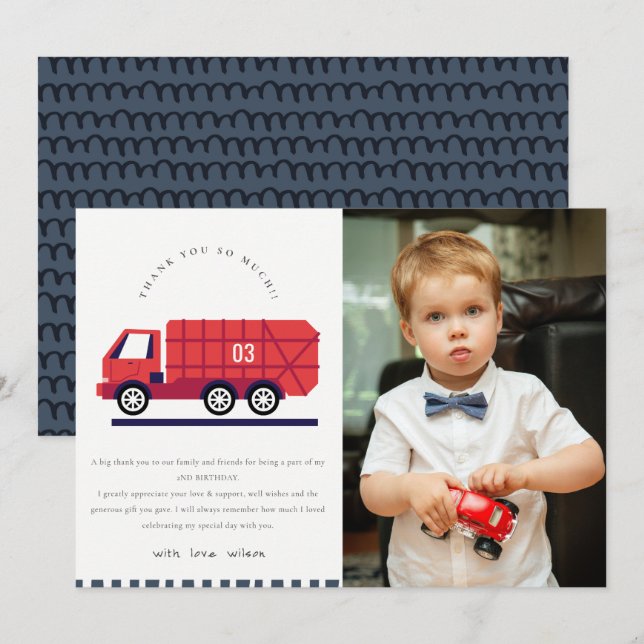 Carte De Remerciements Photo de camion à ordures mignon rouge pour enfant (Devant / Derrière)