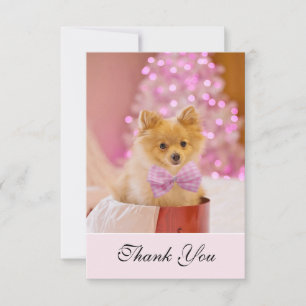 Carte De Remerciements Photo de Cute Christmas Dog avec Pink Bow & Tree