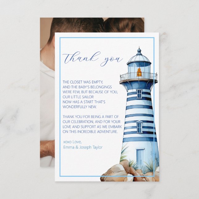 Carte De Remerciements Photo de douche de phare nautique bleu (Devant / Derrière)