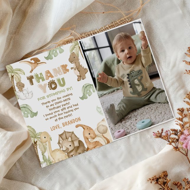 Carte De Remerciements Photo de fête d'anniversaire des un an de Dinosaur (Créateur téléchargé)