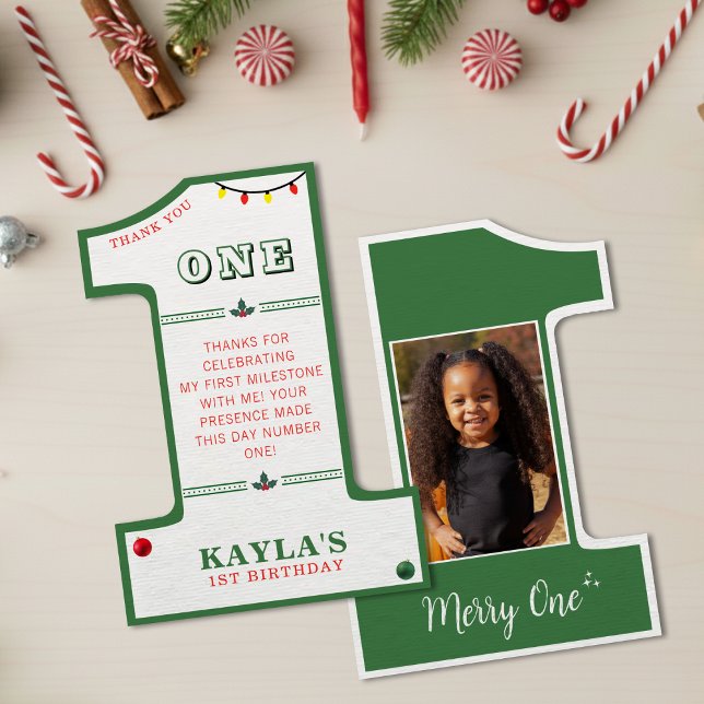 Carte De Remerciements Photo de fête de 1er anniversaire de Noël Merry On (Christmas 1st Birthday Party Merry One Photo Thank You Card
)