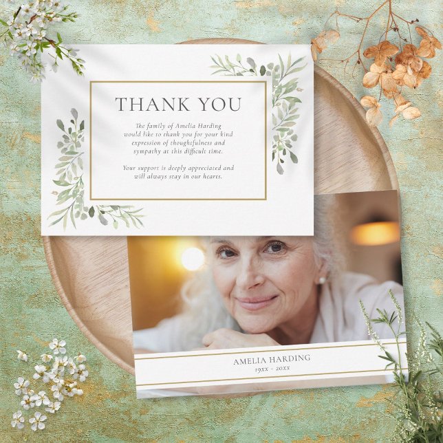 Carte De Remerciements Photo de feuillage aquarelle de mémorial funéraire (Funeral Memorial Watercolor Foliage Photo Thank You Card)