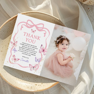 Carte De Remerciements Photo de fille anniversaire papillon arc rose viol