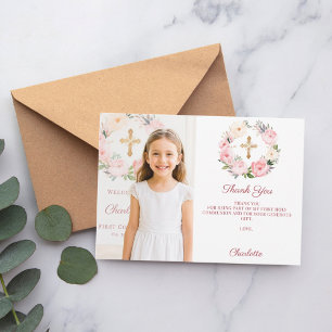 Carte De Remerciements Photo de fille avec des florales roses et une croi