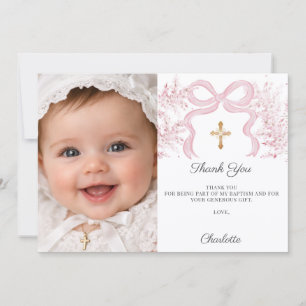 Carte De Remerciements Photo de fille avec ruban rose pour baptême