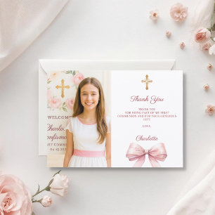 Carte De Remerciements Photo de fille avec un nœud rose Première Sainte C