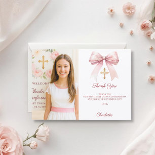 Carte De Remerciements Photo de fille avec un ruban rose Confirmation