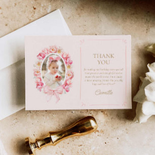 Carte De Remerciements Photo de fille d'anniversaire aux fleurs roses