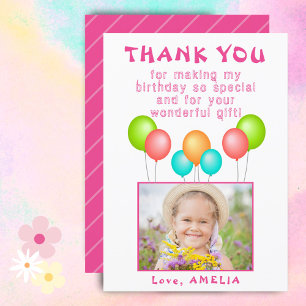 Carte De Remerciements Photo de fille d'anniversaire avec ballons colorés