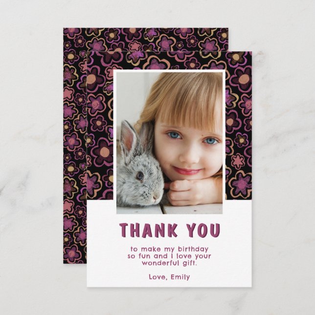 Carte De Remerciements Photo de fille d'anniversaire avec motif floral (Devant / Derrière)