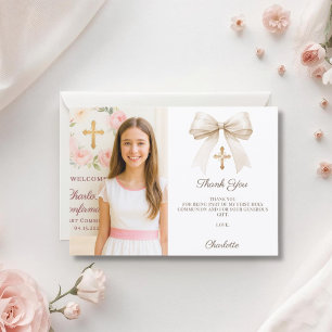 Carte De Remerciements Photo de fille ruban crème Confirmation