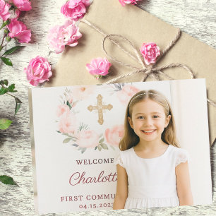 Carte De Remerciements Photo de fille ruban rose croix Première Communion