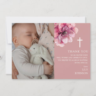 Carte De Remerciements Photo de fleurs aquarelles roses Baptême