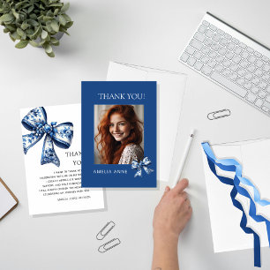 Carte De Remerciements Photo de Graduation des Bows Bleus tendance