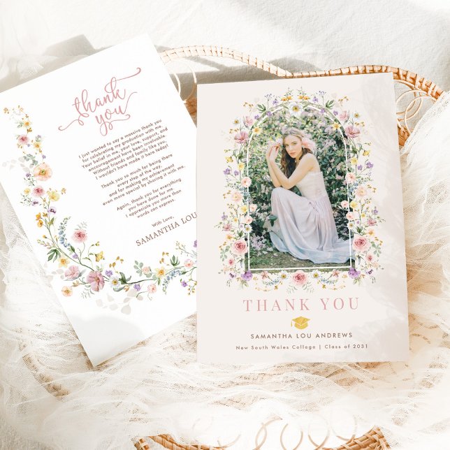 Carte De Remerciements Photo de graduation féminine Fleur sauvage Meadow (Créateur téléchargé)