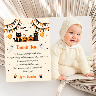 Carte De Remerciements Photo de la fête d'Halloween Chat noir Boo