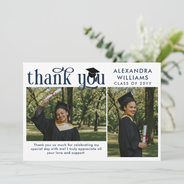 Carte De Remerciements Photo de la Marine Blue Elegant Overlay (Debout devant)