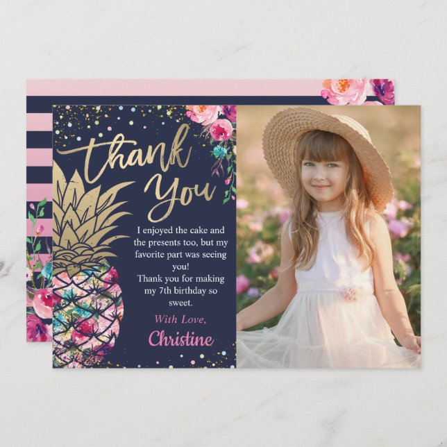 Carte De Remerciements Photo de l'ananas doré rose tropical bleu marine (Devant / Derrière)