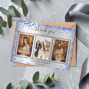Carte De Remerciements photo de l'anniversaire royal bleu scintillant