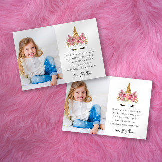 Carte De Remerciements Photo de licorne mignonne pour l'anniversaire d'un