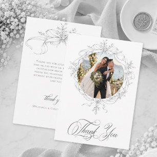 Carte De Remerciements Photo de mariage à couronne florale noire vintage